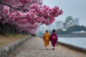 Obraz premium People enjoying cherry blossoms along a riverbank during springtime in a scenic urban area
