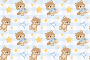 Teddy bear with bow and star coquette seamless pattern illustration. Newborn or children background for kid or nursery, shower sticker and children fabric.