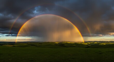 Wide landscape view of a rainbow over rolling hills under dramatic clouds