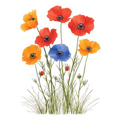 Fototapeta premium A vibrant bouquet of colorful poppies in an array of orange, red, yellow, and blue, emerging from lush green grass, perfect for nature-inspired designs.