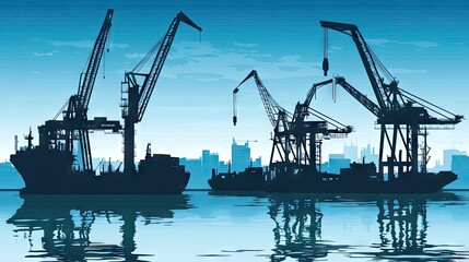 Fototapeta premium Silhouettes of cargo ships and cranes on a harbor.