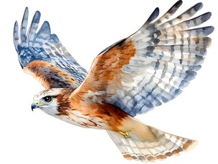 A majestic red-shouldered hawk soars gracefully through the air with its wings fully extended showcasing intricate feather details in a watercolor