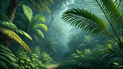 Fototapeta premium Enchanting Tropical Rainforest Pathway with Lush Green Palm Trees, Dense Foliage, and Sunlight Filtering Through a Misty Jungle Canopy.