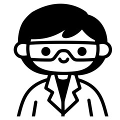 Cute scientist girl wearing glasses, black and white vector illustration.