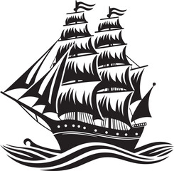 Vintage Black Silhouette of a Sailing Ship with Full Sails