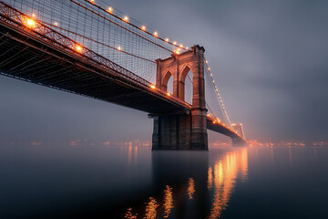 Fototapeta premium Foggy Brooklyn Bridge at Night.