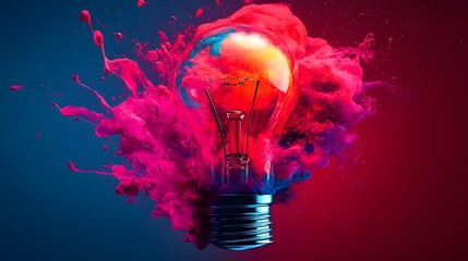 Vibrant Pink and Blue Ink Exploding Light Bulb Creativity Concept