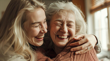 Joyful embrace between generations cozy home emotional portrait warm atmosphere close-up family love