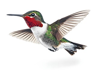 Fototapeta premium A vibrant male Anna's hummingbird in flight against a pure white background showcasing its iridescent plumage and detail.