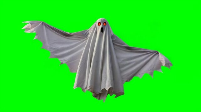 A ghost figure with glowing eyes and outspread sheet arms floats against a bright green background.