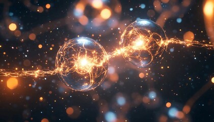 Quantum Entanglement Visualization, An abstract visualization of quantum entanglement. Two particles connected by a glowing,