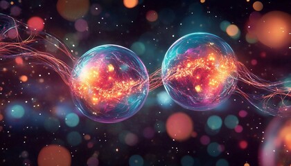 Quantum Entanglement Visualization, An abstract visualization of quantum entanglement. Two particles connected by a glowing,
