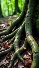Close-up shot of weathered roots intertwined on forest floor, bark, pattern, nature