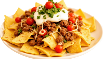 Plate of crispy nachos with melted cheese and fresh tomatoes, the perfect game day snack