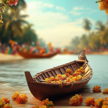 a closeup view with a festive scene of onam in the background