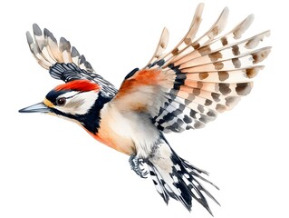 A vibrant watercolor painting depicts a Great Spotted Woodpecker in mid-flight showcasing its detailed plumage and striking colors against a stark