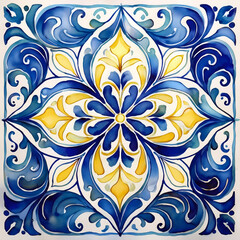 A single decorative tile with an intricate blue and yellow floral and leaf pattern on a white background