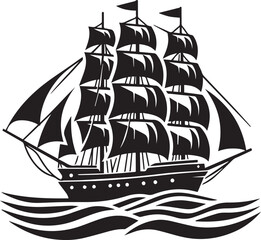Vintage Black Silhouette of a Sailing Ship with Full Sails