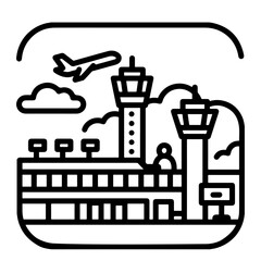 Airport Control Tower, Airplanes, Clouds, Vector Illustration