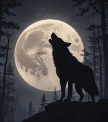 A wolf silhouetted against a bright moon howls in a dense, moonlit forest ,  dark woods,  nature photography,  dense forest