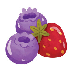 Blueberry and strawberry fruit illustration vector, isolated on white background, hand drawn watercolor painting style