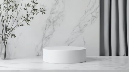 A 4K photo of white podium mockup cylinder shape isolated on white background Pedestal stage or platform for product presentation with empty space for display photo template.