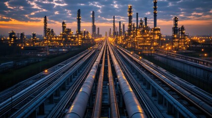 Industrial complex at twilight, with pipelines stretching into the distance.  Vast oil refinery structures and pipes fill the background