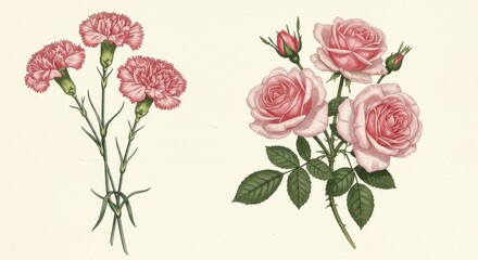 Fototapeta premium Delicate illustration of pink carnations and roses.