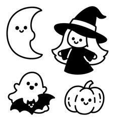 Cute Halloween characters: crescent moon, witch, ghost, bat, pumpkin. Black and white vector illustration, isolated on white background.