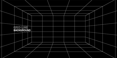 Empty futuristic digital box room grey-black background with white grid space line color surface. Network cyber technology. banner, cover, terrain, sci-fi, wireframe, and related to background.