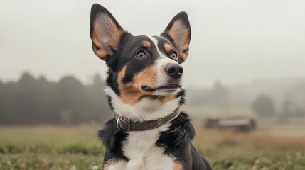 Majestic tricolor border collie gazing thoughtfully in misty field soft natural light