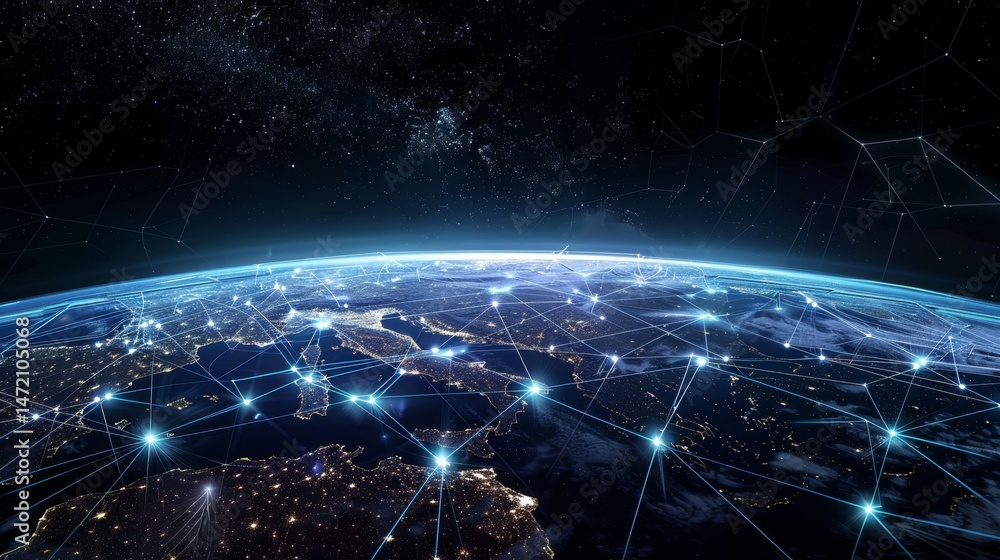 Fototapete planet with a network of lines connecting it to other planets. connections system and global datas e