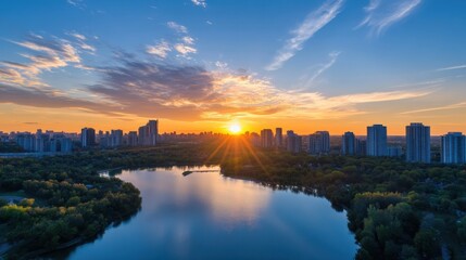 Naklejka premium Stunning sunrise over a cityscape reflected in a calm lake, showcasing modern high-rise buildings and lush green trees. The vibrant orange and blue hues paint a picturesque urban land : Generative AI