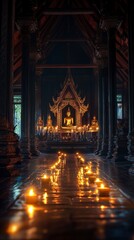 Fototapeta premium Serene Buddha Image Illuminated by Candlelight in Dark Temple Interior