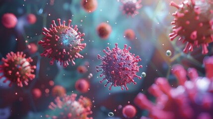 bunch of viruses are floating in the air. The viruses are brown and have a fuzzy appearance, Group of virus cells. 3D illustration, Coronavirus cells.
