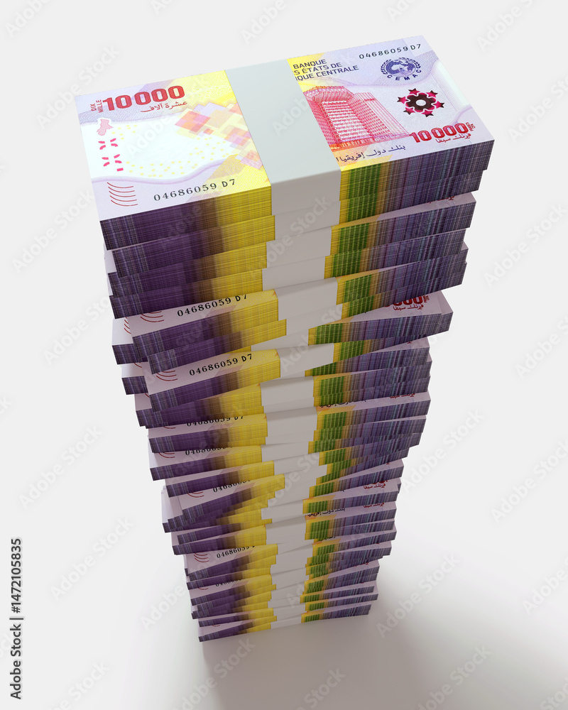Aufkleber long stacks of central african cfa franc notes arranged in a single column isolated on white backgro