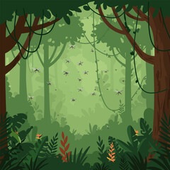 Flying Insects in a Dense Green Jungle with Tropical Plants