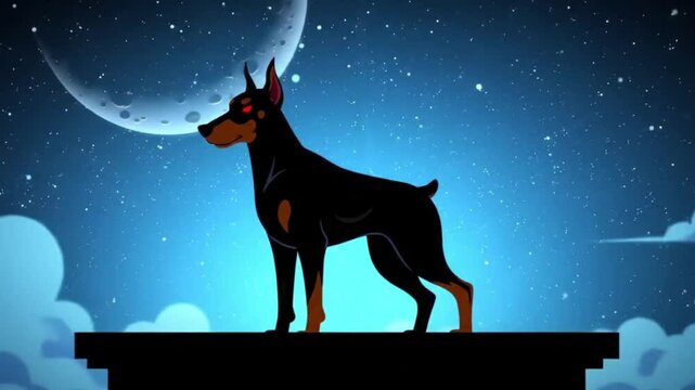 The cartoon Doberman guards a ledge at night, perfect for security concepts, pet illustrations, and nighttime themes in various designs.