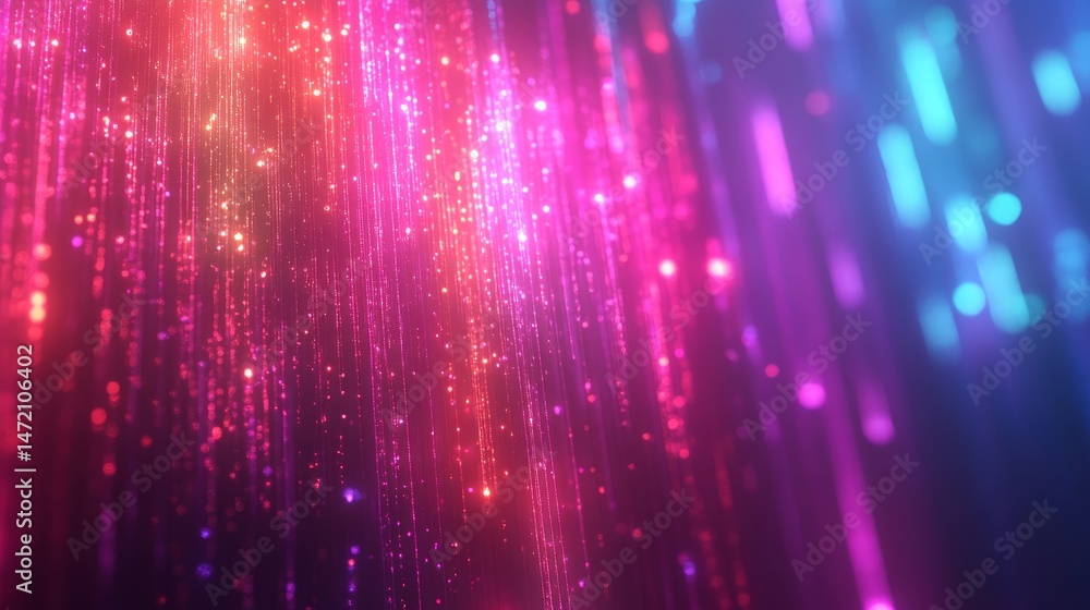 Poster vibrant digital particles cascading in a dynamic display.
