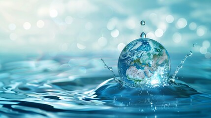 World Water Day concept with world in clean water drop on and fresh blue water ripples design, Environment save and ecology theme concept
