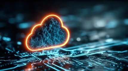 Fototapeta premium A glowing cloud icon hovers over a digital circuit board, symbolizing cloud computing and modern technology integration.