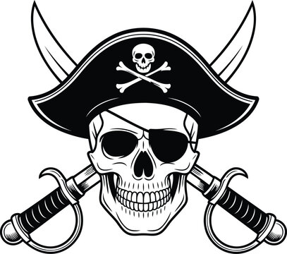 Pirate Skull with Crossed Swords and Pirate Hat Silhouette Vector Design.