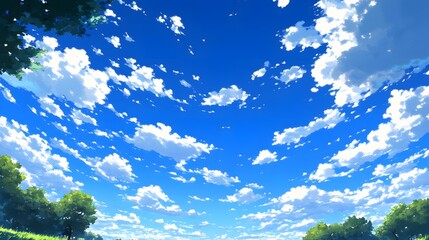 Fototapeta premium Stunning Summer Sky Landscape with Fluffy Clouds and Lush Green Trees