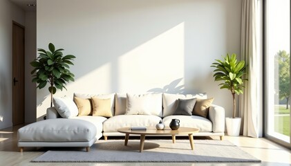 Contemporary living room with blank white backdrop, serene, decor, simple