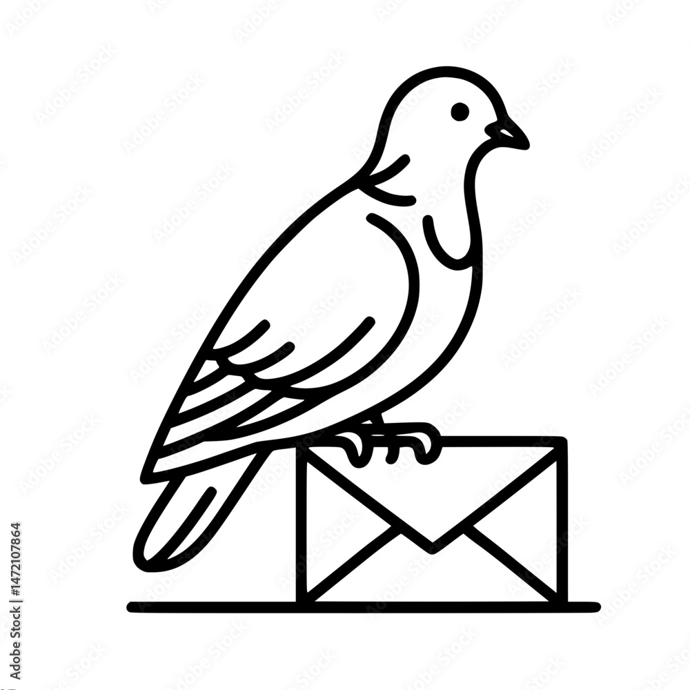 Poster Bird sitting on envelope in minimal linear design, vector outline one line drawing