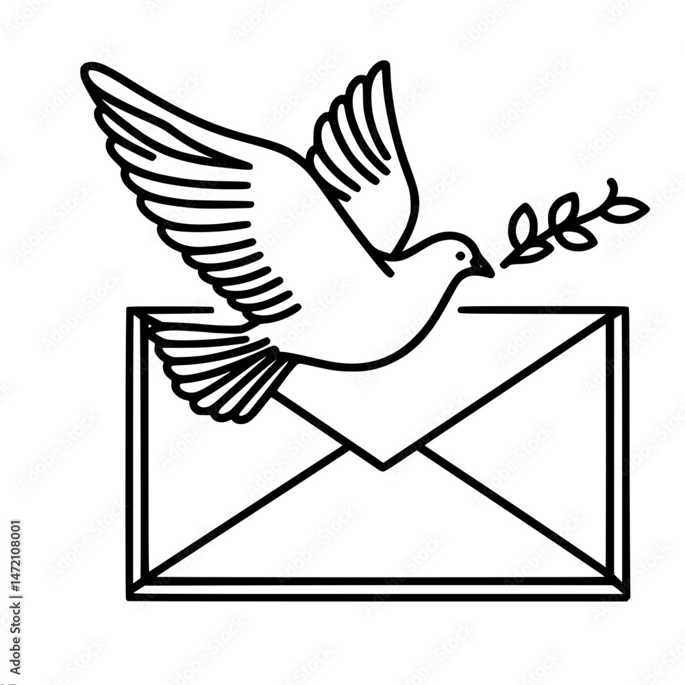 Poster peaceful dove carrying olive branch above an open envelope, single line contour vector