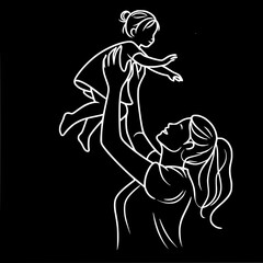 Fototapeta premium Mother lifting little daughter high above head in joyful moment on black background, one line outline vector