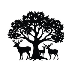 Silhouette of a majestic tree and deer family in a black and white artistic vector illustration