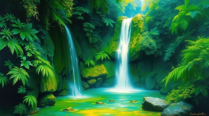 Fototapeta premium Serene Waterfall in Lush Tropical Jungle with Vivid Greenery