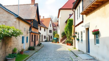 Obraz premium Charming Cobblestone Street with Quaint Houses and Lush Greenery